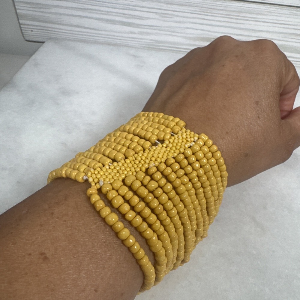 Yellow Glass Beaded Stretch Bracelet - 22cm Large Size - Picture 1 of 7